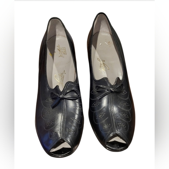 Vintage Dr. Locke Peep Toe Bow Detail Black Heel Made In USA Size 9 Narrow - Picture 3 of 11